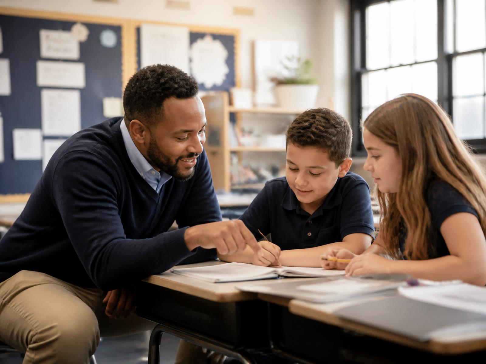An elementary school teacher helping two students with classroom work